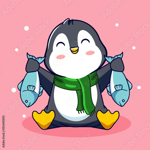 Happy Penguin Sitting with Two Fish Vector Illustration Cartoon Design