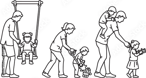 Line art of parents and children playing together outdoors family