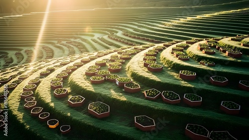 Aerial View of Hexagonal Garden Planters in Terraced Fractal Pattern at Golden Hour