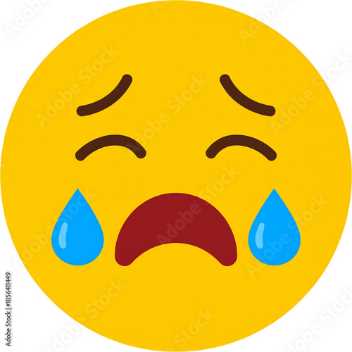 Flat 2D crying emoji with blue tears isolated on white