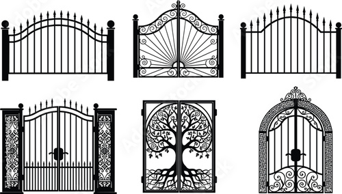 Wrought iron gate designs, ornate metalwork, decorative gates, scrollwork, floral patterns, tree motif, symmetrical, black and white, architecture, landscaping,