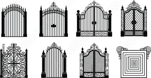 Wrought iron gate illustration set, decorative metal fences, vintage garden entrance designs, ornate classic gates, black silhouette vector, isolated background