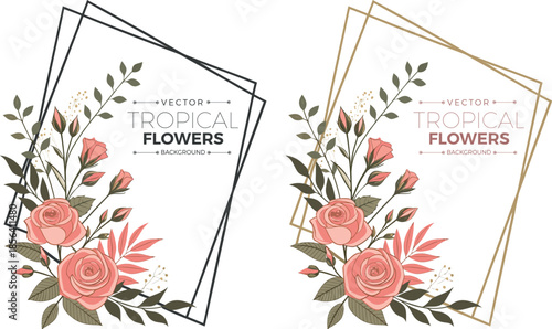 Tropical rose flower bouquet with botanical leaves and geometric golden and black frames