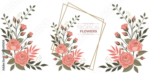 Beautiful pink rose bouquet corner elements and central gold frame vector illustration.