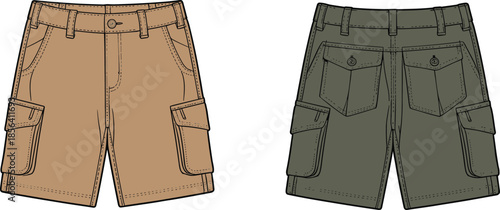 Khaki and Olive Green Cargo Shorts Vector Technical Sketch Mockup Featuring Front and Back Views for Fashion Design Template Isolated