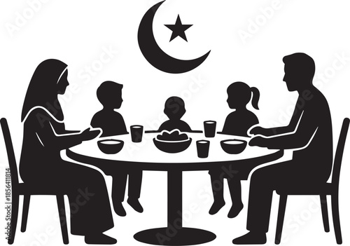 Muslim family enjoying a traditional meal together, united under the crescent moon and star symbol