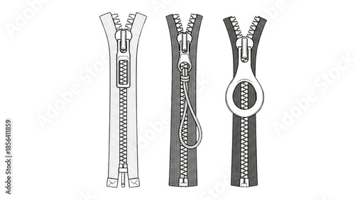 Various Types of Zippers Displayed in a Clean Vector Illustration