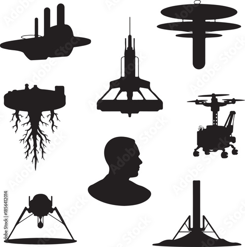Collection of futuristic machines and vehicles in silhouette style
