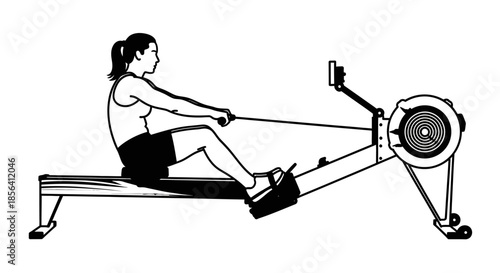 Woman Exercising on Rowing Machine Illustration.