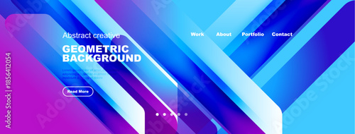 Modern website header design. Vibrant blue, purple gradients dominate. Text elements present work, about, portfolio, contact options.