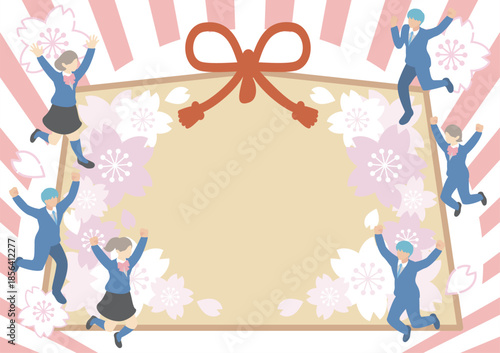 合格祈願　絵馬のフレーム　桜とジャンプする受験生が描かれた和風の背景素材　アイソメトリック　イラスト
