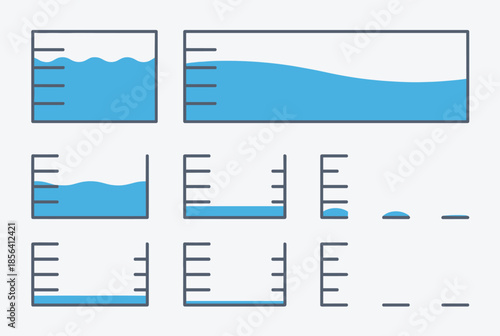 Blue Liquid Volume Measurement in Beakers and Containers Icon Set