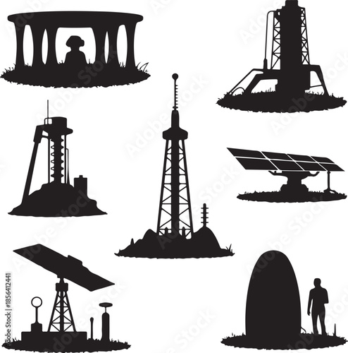Silhouettes of industrial and technological structures isolated on transparent background