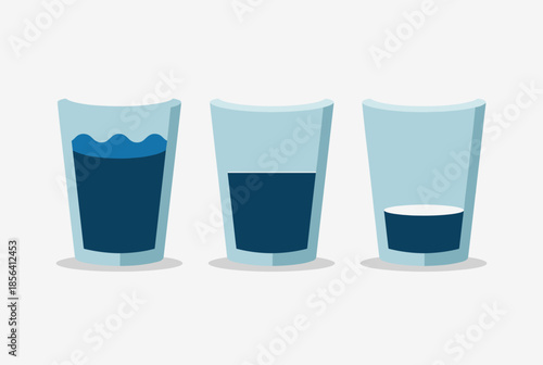 Three Glasses Showing Varying Levels of Blue Liquid, from Full to Empty