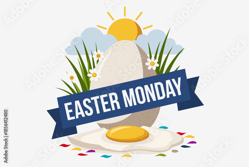 Festive Easter Monday Design with Fried Egg, Sun, and Flowers
