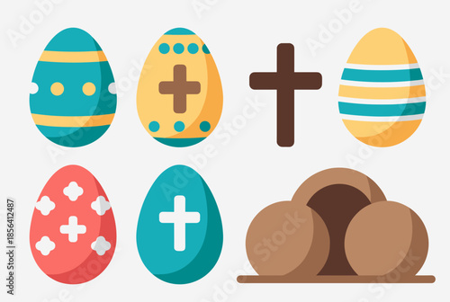 Religious Easter Symbols with Decorated Eggs, Cross, and Empty Tomb Illustration