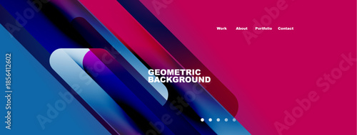 Abstract geometric background. Vibrant blue, purple hues dominate design. Minimalist text displays portfolio information. Modern aesthetic.