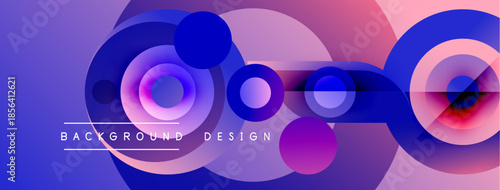 Abstract colorful circles overlap. Gradient shades create modern visual effect. Background design features vibrant purple, blue hues.