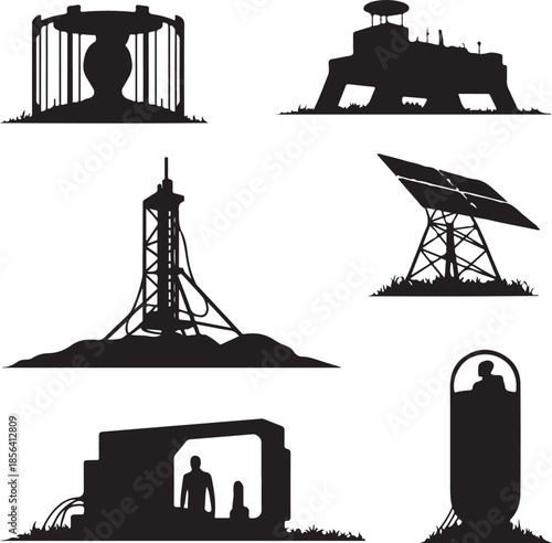 Futuristic industrial and scientific structures in silhouette illustration