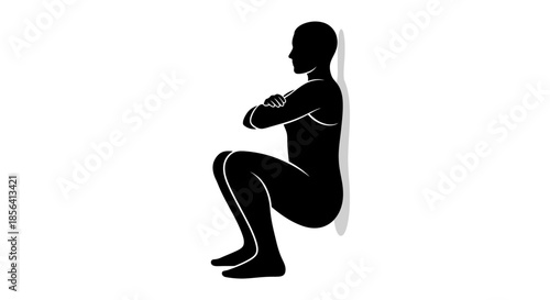 Silhouette of person doing squat exercise.