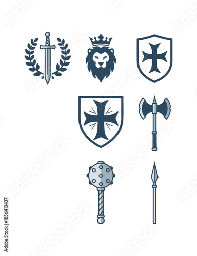 Heraldic emblems set sword crown shield axe mace spear