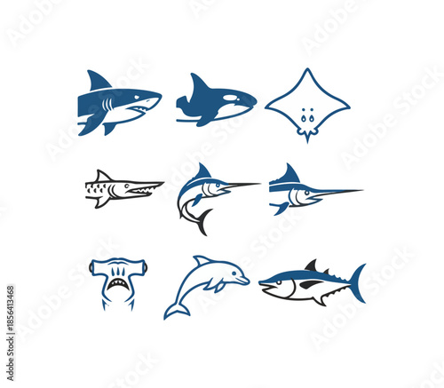 Marine animal silhouettes shark dolphin ray tuna and swordfish illustrations