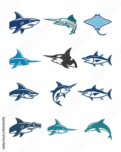 Marine life collection vector illustrations various fish species isolated black background