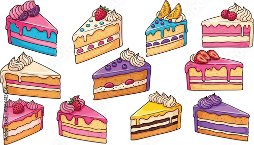 Colorful Slices of Delicious Dessert Cakes with Sweet Frosting and Toppings