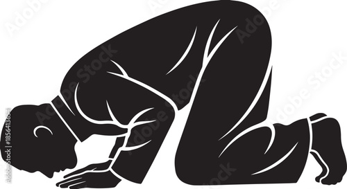Man in prostration prayer position, a black silhouette illustrating spiritual devotion