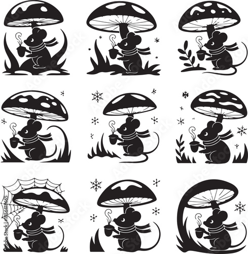 Cute winter mice under mushrooms holding warm drinks illustration set