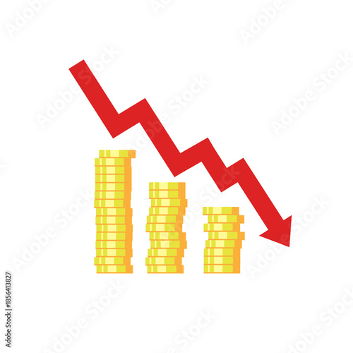 Business chart down in flat style design. decreasing graph investment. Stacks of golden coins and arrow down isolated on white background.