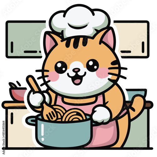 Cute cartoon cat chef wearing a hat and smiling while holding a cup of tea and coffee