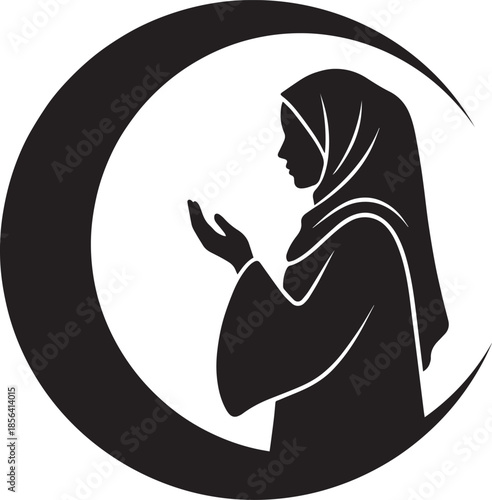 Muslim woman silhouette praying with hands open against a symbolic crescent moon