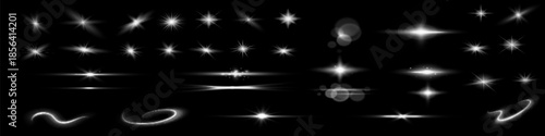 Glow isolated white transparent light effect set, lens flare, explosion, glitter, line, sun flash, spark and stars. Abstract special effect element design.
