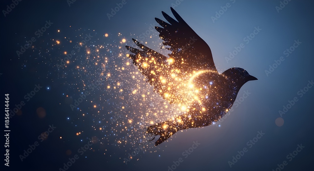Fototapeta premium Glowing bird flying upward with golden light particles on dark background
