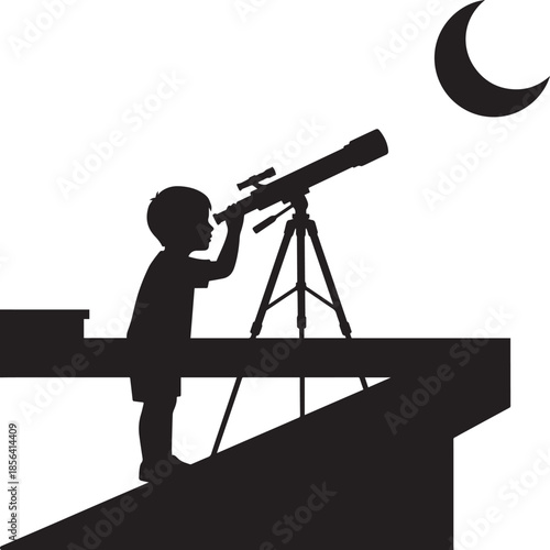 A young child's silhouette gazing at the crescent moon through a telescope, dreaming of stars