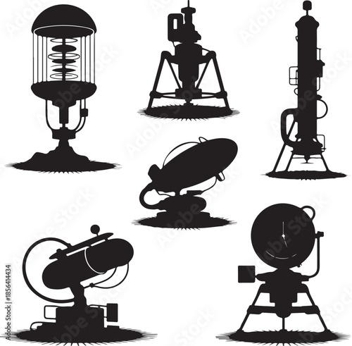 Collection of vintage and industrial machinery silhouettes isolated