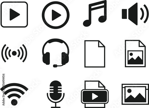 Collection of black and white icons representing media playback and audio with various file types