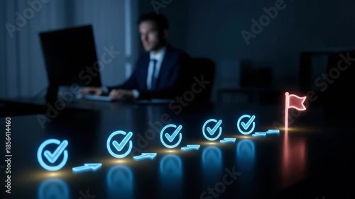 Business Goal Achievement Journey with Digital Checkmarks and Target Flag