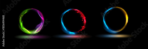 Abstract light neon background. luminous circle. Luminous spiral cover. Wake wave, fire path trail line and swirl effect curve. Food isolated. space tunnel.