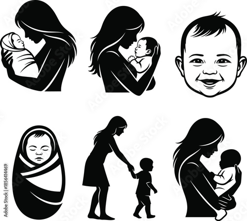 Collection of black and white icons showing a mother holding a baby in loving poses with smiles