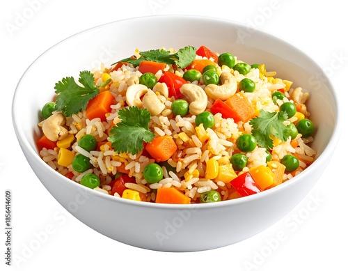 Delicious fried rice with vegetables and cashews served in a white bowl