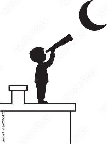 Child's curious gaze: discovering the crescent moon with a telescope from a rooftop