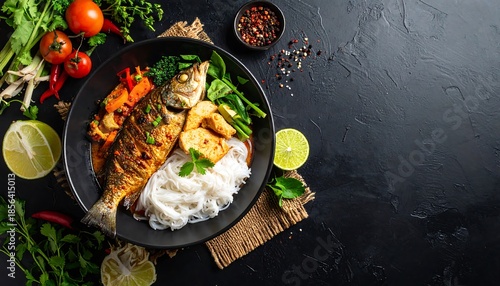 Delicious fried fish with noodles and vegetables on a black table surface
