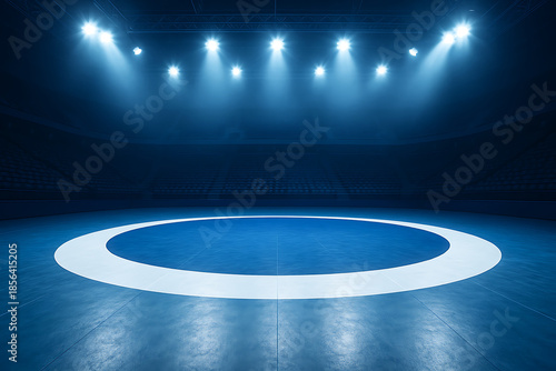 Spotlit Wrestling Mat in an Empty Arena