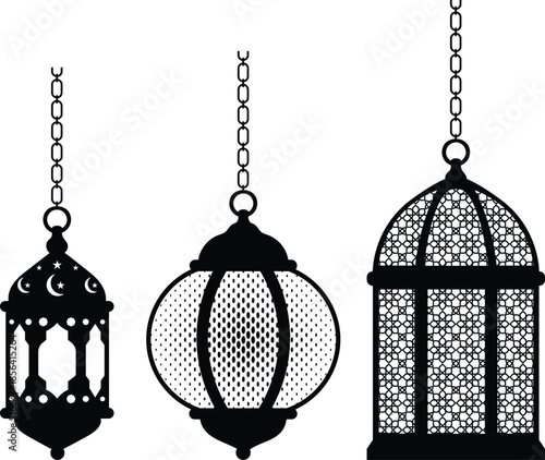 Elegant collection of traditional islamic lanterns with intricate arabesque patterns
