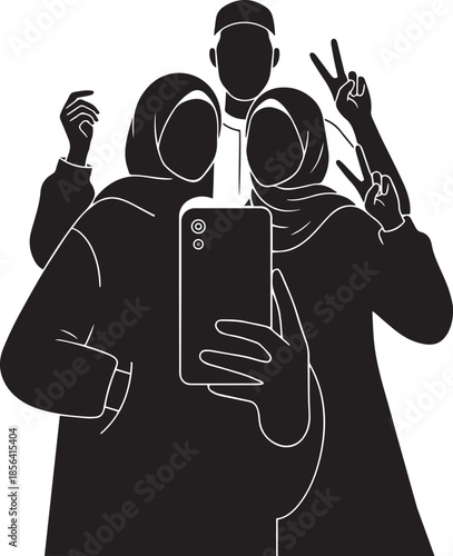 Three muslim friends capturing a joyful moment together with a selfie