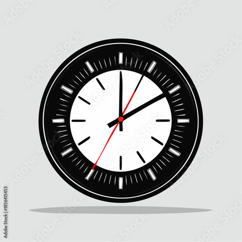 A simple black and white clock with a red second hand