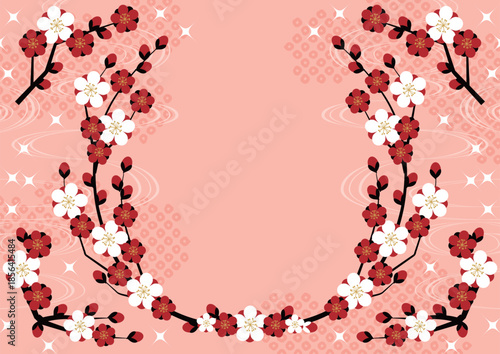 梅が枝リース背景、横、ピンク、かわいい、イラスト、和風