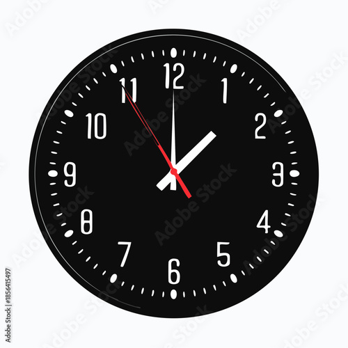 A black clock with white numbers and red hands on a white background